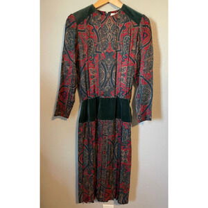 Vintage Club 54 Womens Dress 6 Petite Green Paisley Pleated Velvet Trim Prairie